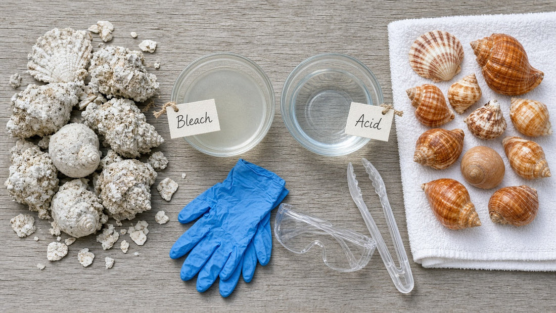 Crusty seashells, bleach and acid bowls, gloves and goggles, and cleaned shells.