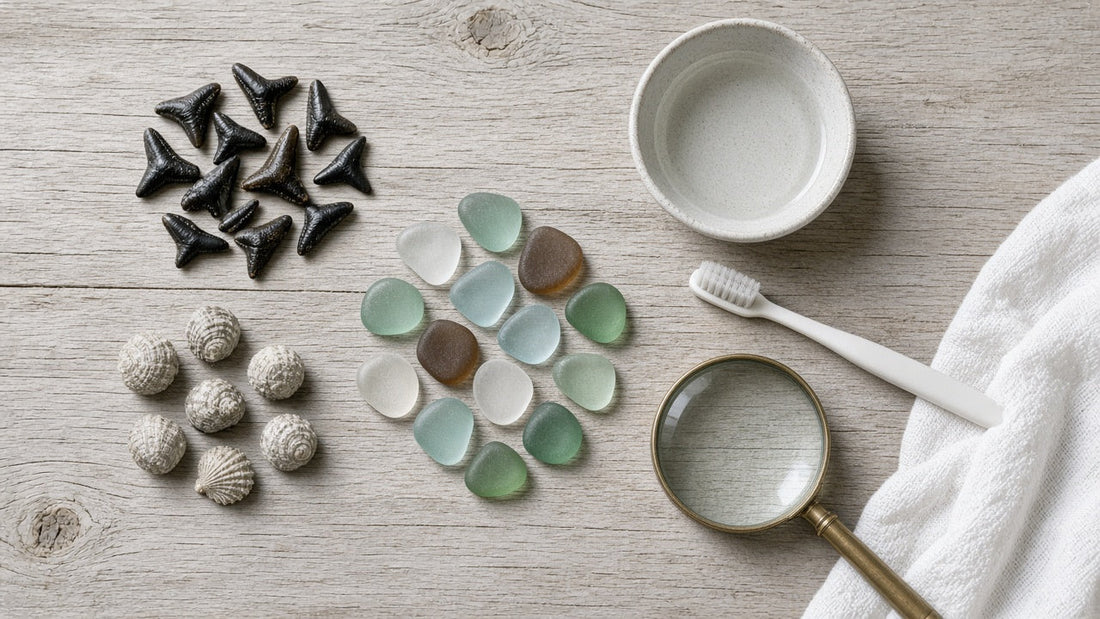 Fossil shark teeth, small fossil shells and sea glass with a bowl of water and a magnifying glass.