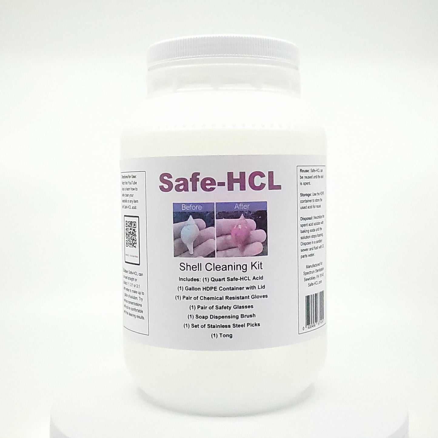Safe-HCL Seashell Cleaning Kit - Includes: (1) quart of Safe-HCL acid, (1) gallon HDPE storage container, safety gear and cleaning utensils